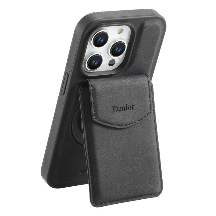 DENIOR D20 For iPhone 15 Pro Case Detachable Card Bag Rotary Kickstand Leather+PC+TPU Cover - Black - 3