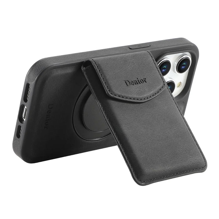 DENIOR D20 For iPhone 15 Pro Case Detachable Card Bag Rotary Kickstand Leather+PC+TPU Cover - Black - 4