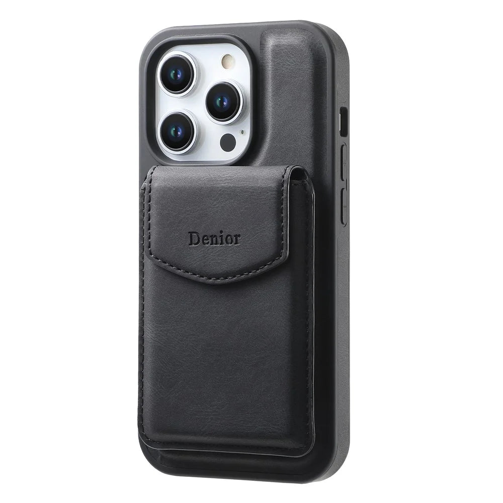DENIOR D20 For iPhone 15 Pro Case Detachable Card Bag Rotary Kickstand Leather+PC+TPU Cover - Black - 6