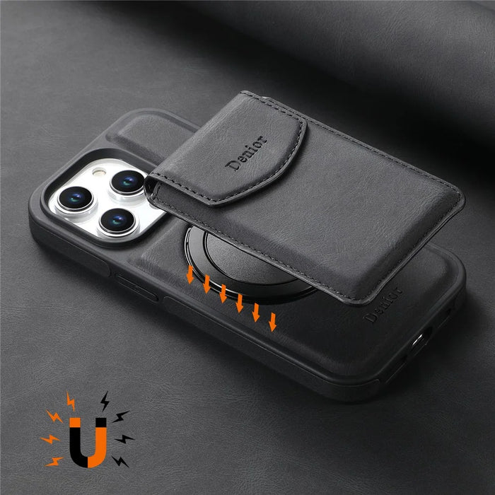 DENIOR D20 For iPhone 15 Pro Case Detachable Card Bag Rotary Kickstand Leather+PC+TPU Cover - Black - 7