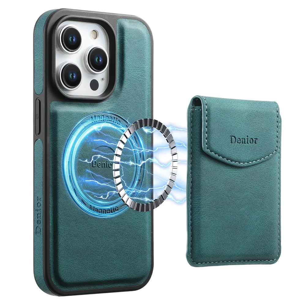 DENIOR D19 For iPhone 15 Pro Magnetic Case Leather+PC+TPU Cover with Detachable Card Bag - Blue - 1