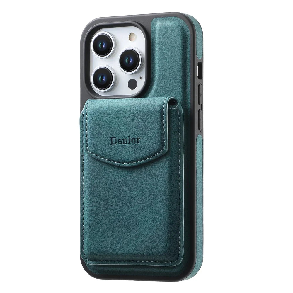 DENIOR D19 For iPhone 15 Pro Magnetic Case Leather+PC+TPU Cover with Detachable Card Bag - Blue - 3