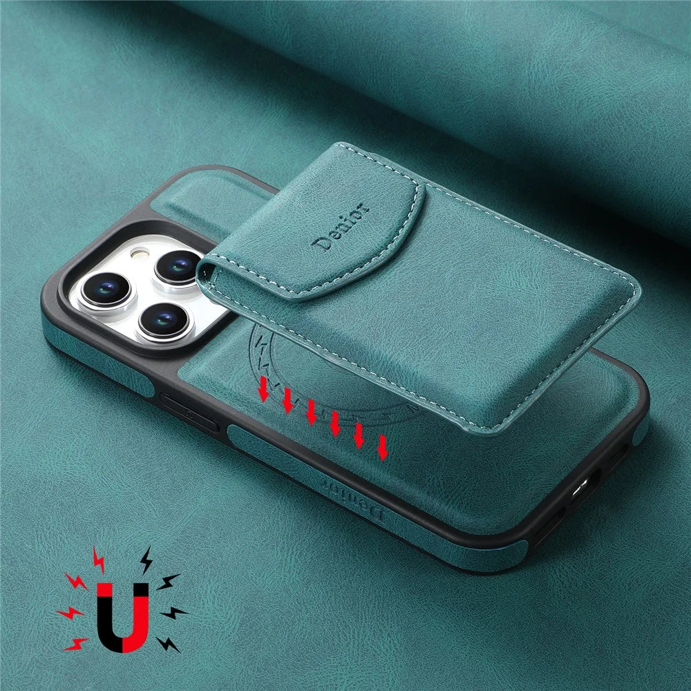 DENIOR D19 For iPhone 15 Pro Magnetic Case Leather+PC+TPU Cover with Detachable Card Bag - Blue - 5