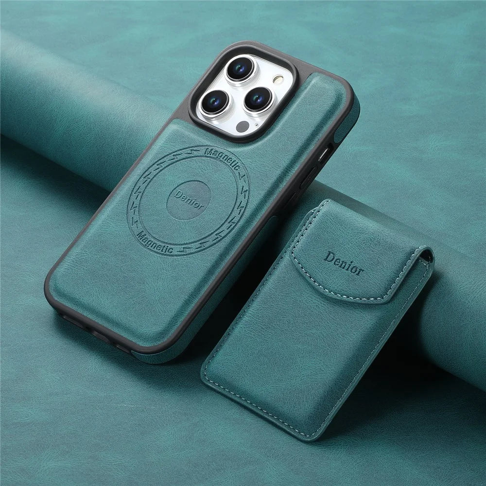 DENIOR D19 For iPhone 15 Pro Magnetic Case Leather+PC+TPU Cover with Detachable Card Bag - Blue - 6