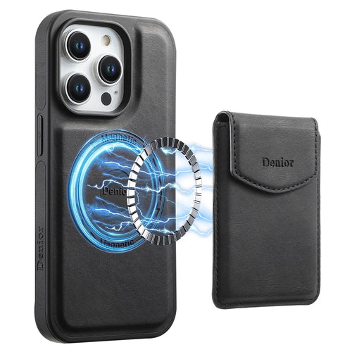 DENIOR D19 For iPhone 15 Pro Max Magnetic Case Leather+PC+TPU Cover with Detachable Card Bag - Black - 1