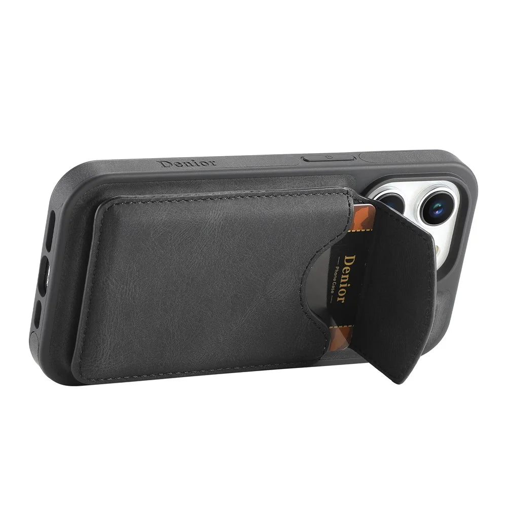 DENIOR D19 For iPhone 15 Pro Max Magnetic Case Leather+PC+TPU Cover with Detachable Card Bag - Black - 2