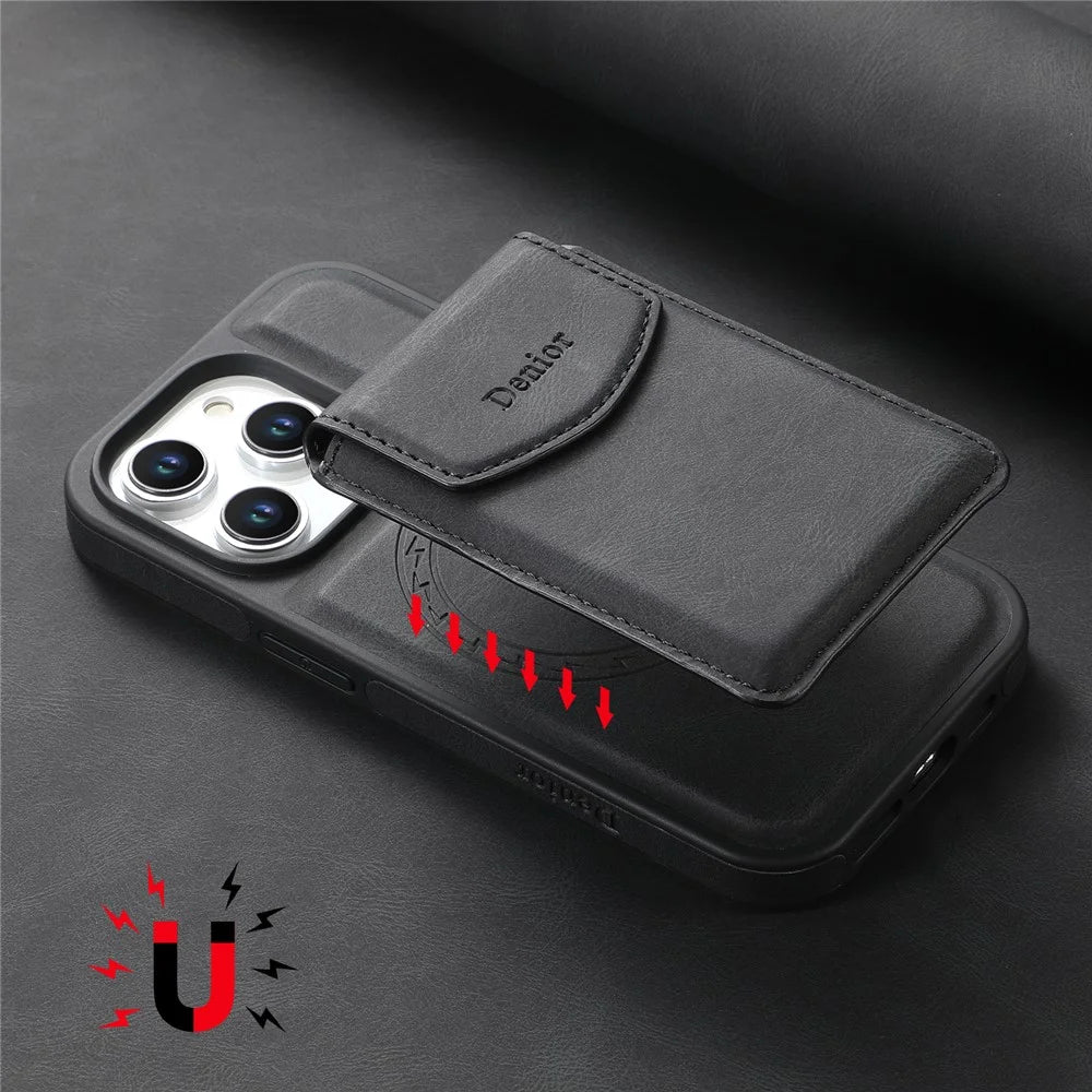 DENIOR D19 For iPhone 15 Pro Max Magnetic Case Leather+PC+TPU Cover with Detachable Card Bag - Black - 5