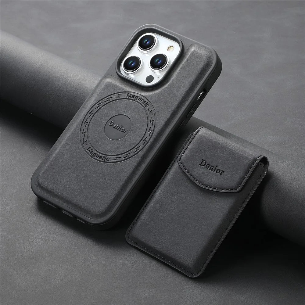 DENIOR D19 For iPhone 15 Pro Max Magnetic Case Leather+PC+TPU Cover with Detachable Card Bag - Black - 6