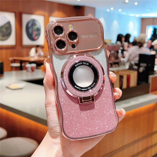 For iPhone 16 Pro Magnetic Case Curly Frame TPU Gradient Glitter Phone Cover with Kickstand - Rose Pink - 1