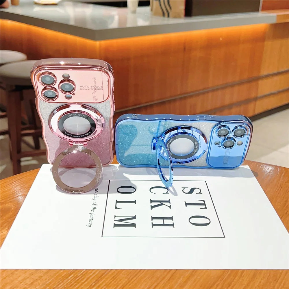 For iPhone 16 Pro Magnetic Case Curly Frame TPU Gradient Glitter Phone Cover with Kickstand - Rose Pink - 2