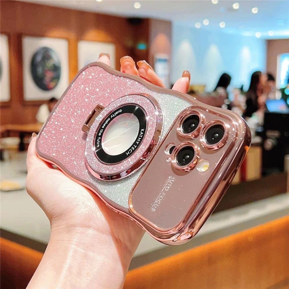 For iPhone 16 Pro Magnetic Case Curly Frame TPU Gradient Glitter Phone Cover with Kickstand - Rose Pink - 3