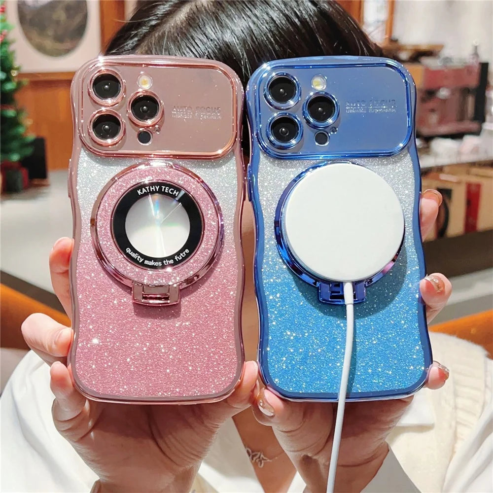 For iPhone 16 Pro Magnetic Case Curly Frame TPU Gradient Glitter Phone Cover with Kickstand - Rose Pink - 6