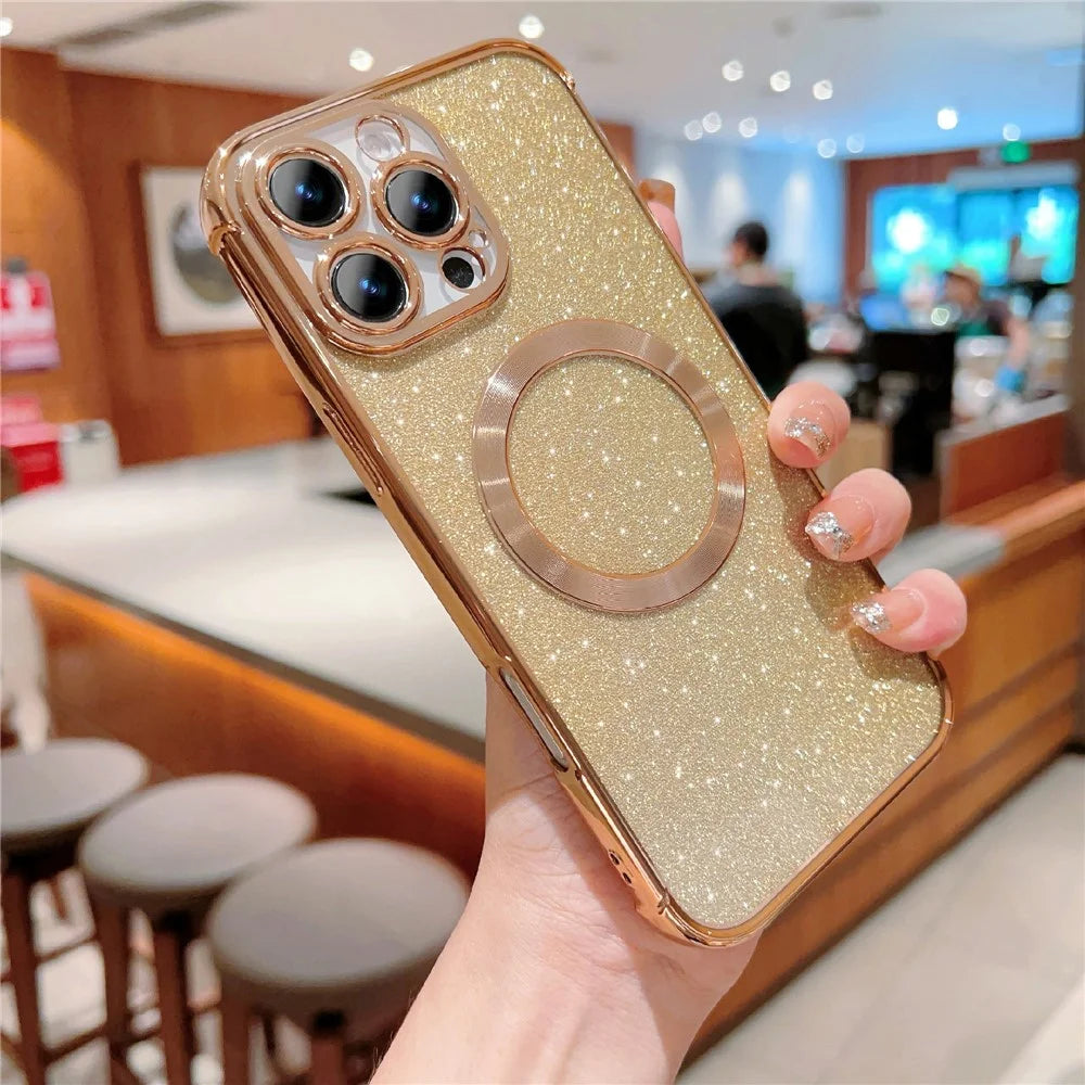 For iPhone 16 Pro Max Case Electroplating Glitter TPU Clear Phone Cover Compatible with MagSafe - Gold - 1