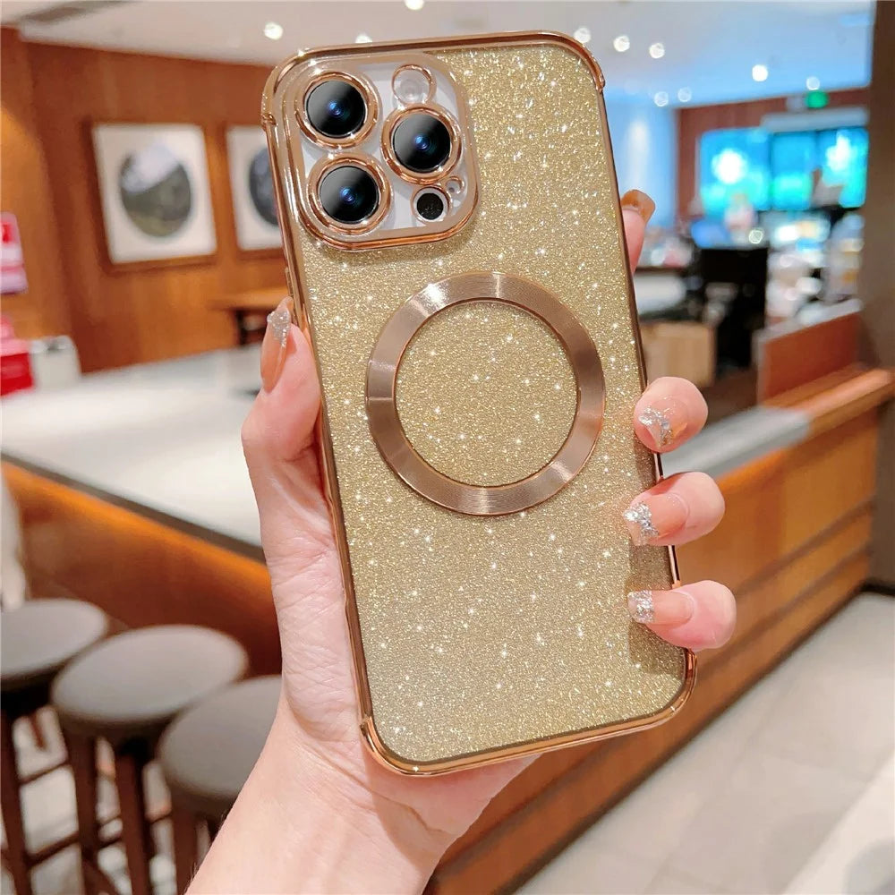 For iPhone 16 Pro Max Case Electroplating Glitter TPU Clear Phone Cover Compatible with MagSafe - Gold - 2