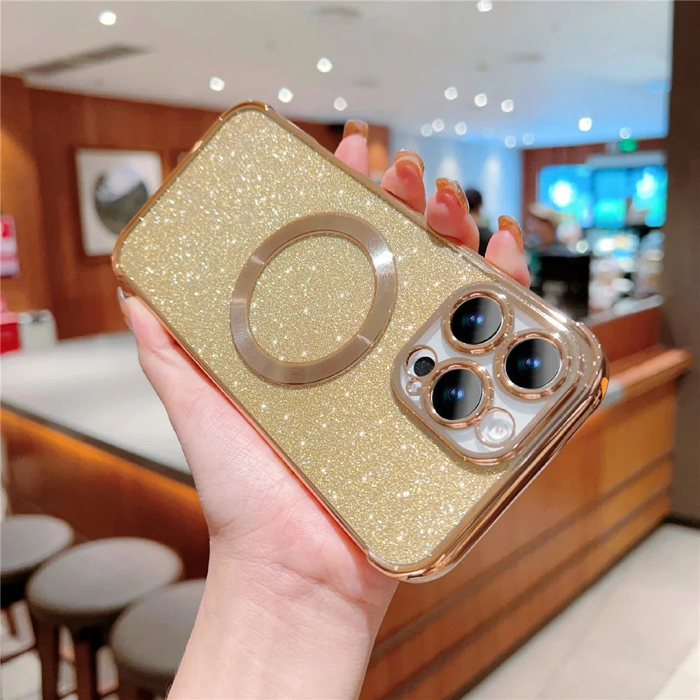 For iPhone 16 Pro Max Case Electroplating Glitter TPU Clear Phone Cover Compatible with MagSafe - Gold - 3