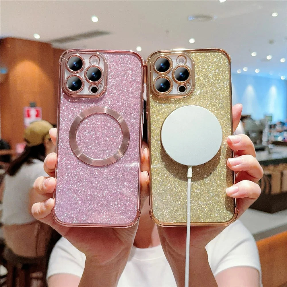 For iPhone 16 Pro Max Case Electroplating Glitter TPU Clear Phone Cover Compatible with MagSafe - Gold - 4
