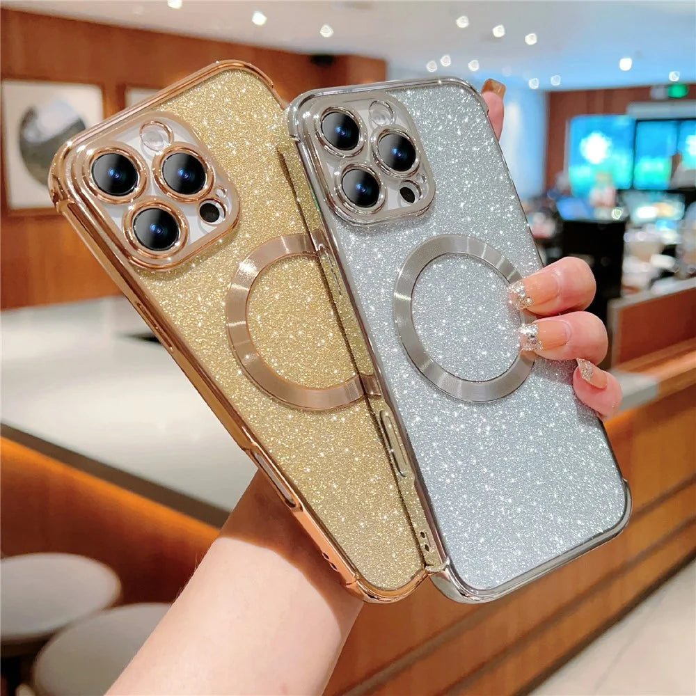 For iPhone 16 Pro Max Case Electroplating Glitter TPU Clear Phone Cover Compatible with MagSafe - Gold - 5