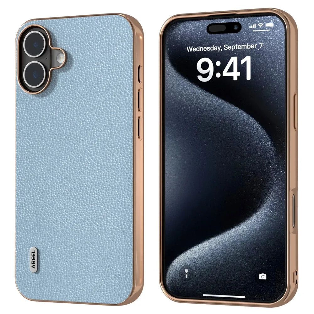 ABEEL For iPhone 16 Case Genuine Cow Leather+PC+TPU Electroplating Phone Cover - Baby Blue - 1