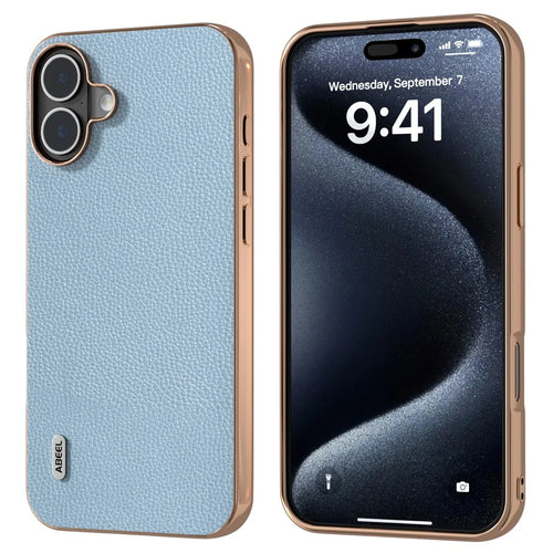 ABEEL For iPhone 16 Case Genuine Cow Leather+PC+TPU Electroplating Phone Cover - Baby Blue - 1
