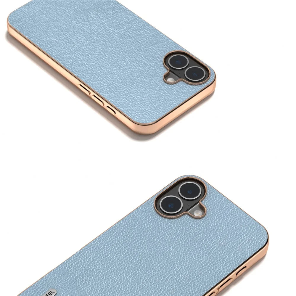 ABEEL For iPhone 16 Plus Case Genuine Cow Leather+PC+TPU Electroplating Phone Cover - Baby Blue - 2