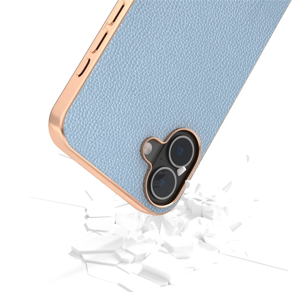 ABEEL For iPhone 16 Plus Case Genuine Cow Leather+PC+TPU Electroplating Phone Cover - Baby Blue - 3