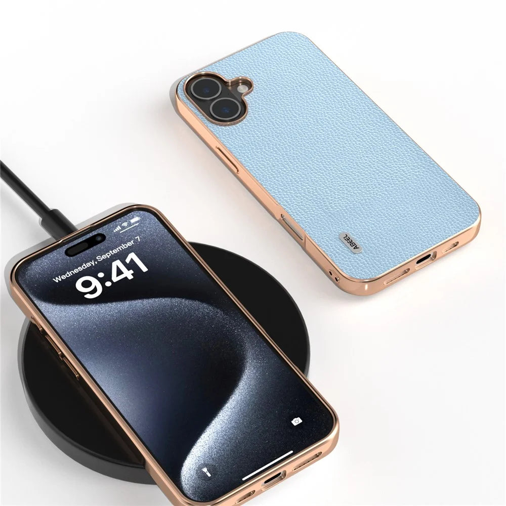 ABEEL For iPhone 16 Plus Case Genuine Cow Leather+PC+TPU Electroplating Phone Cover - Baby Blue - 4