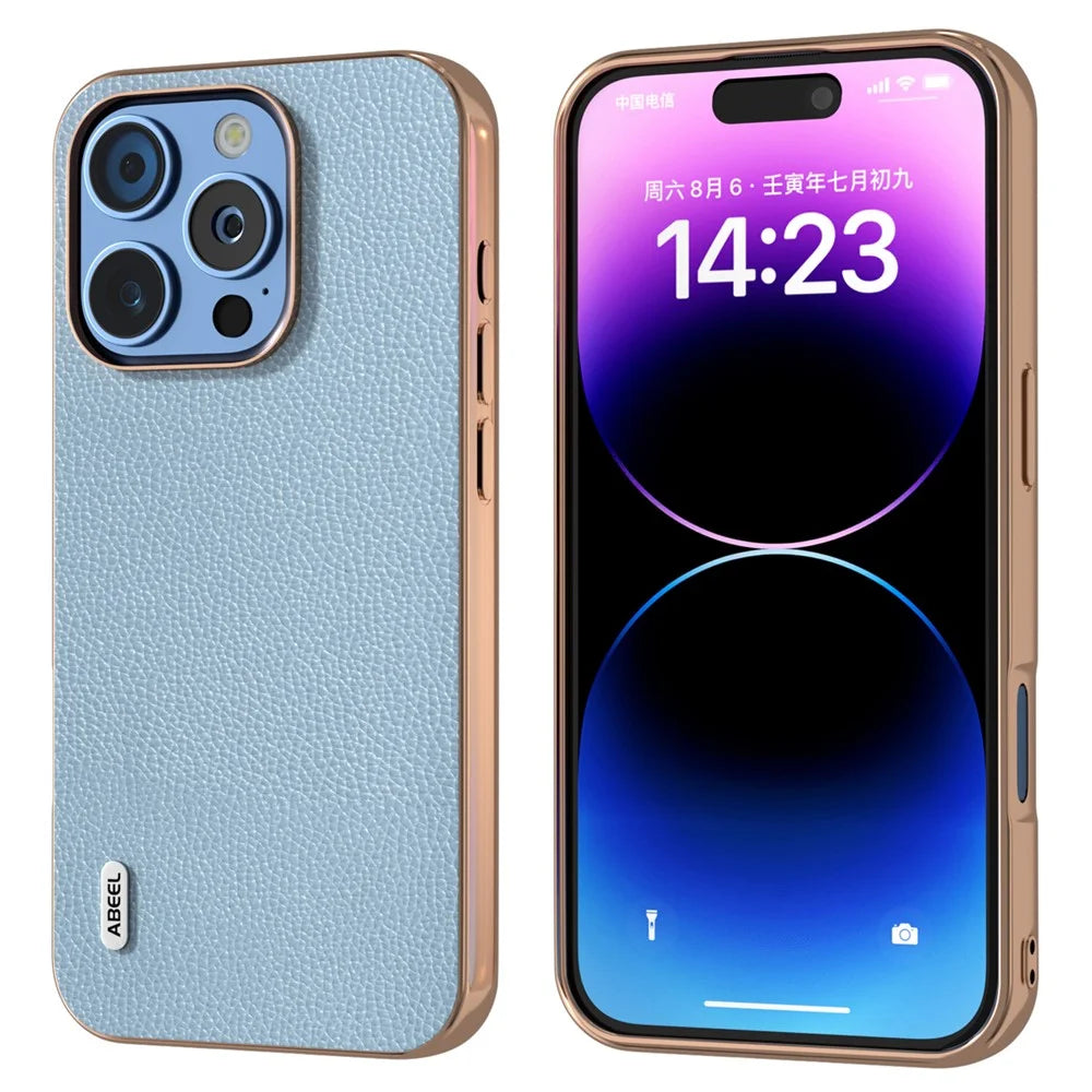 ABEEL For iPhone 16 Pro Case Genuine Cow Leather+PC+TPU Electroplating Phone Cover - Baby Blue - 1