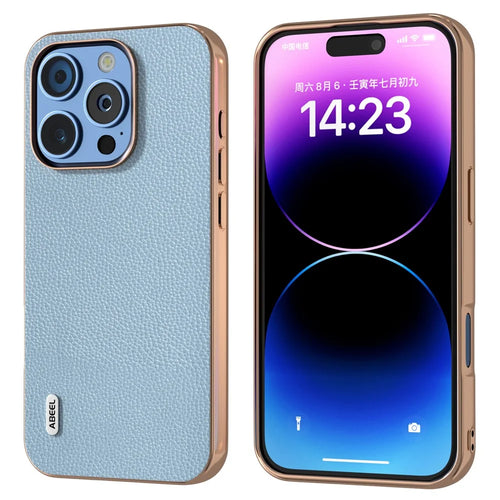 ABEEL For iPhone 16 Pro Case Genuine Cow Leather+PC+TPU Electroplating Phone Cover - Baby Blue - 1