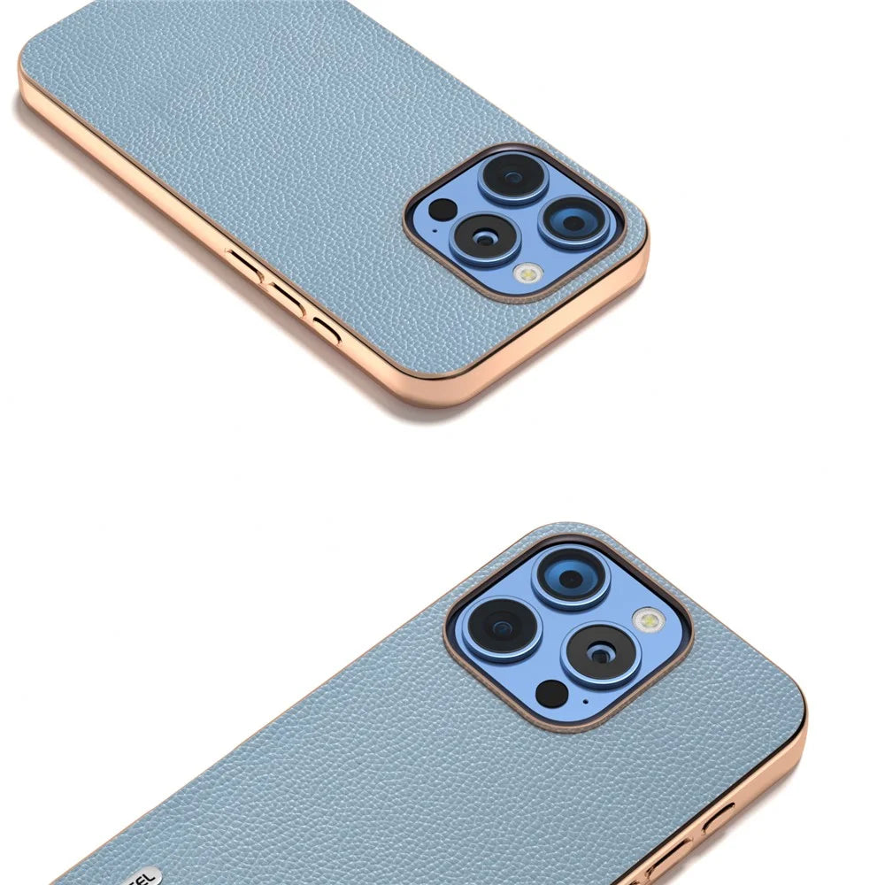 ABEEL For iPhone 16 Pro Case Genuine Cow Leather+PC+TPU Electroplating Phone Cover - Baby Blue - 2