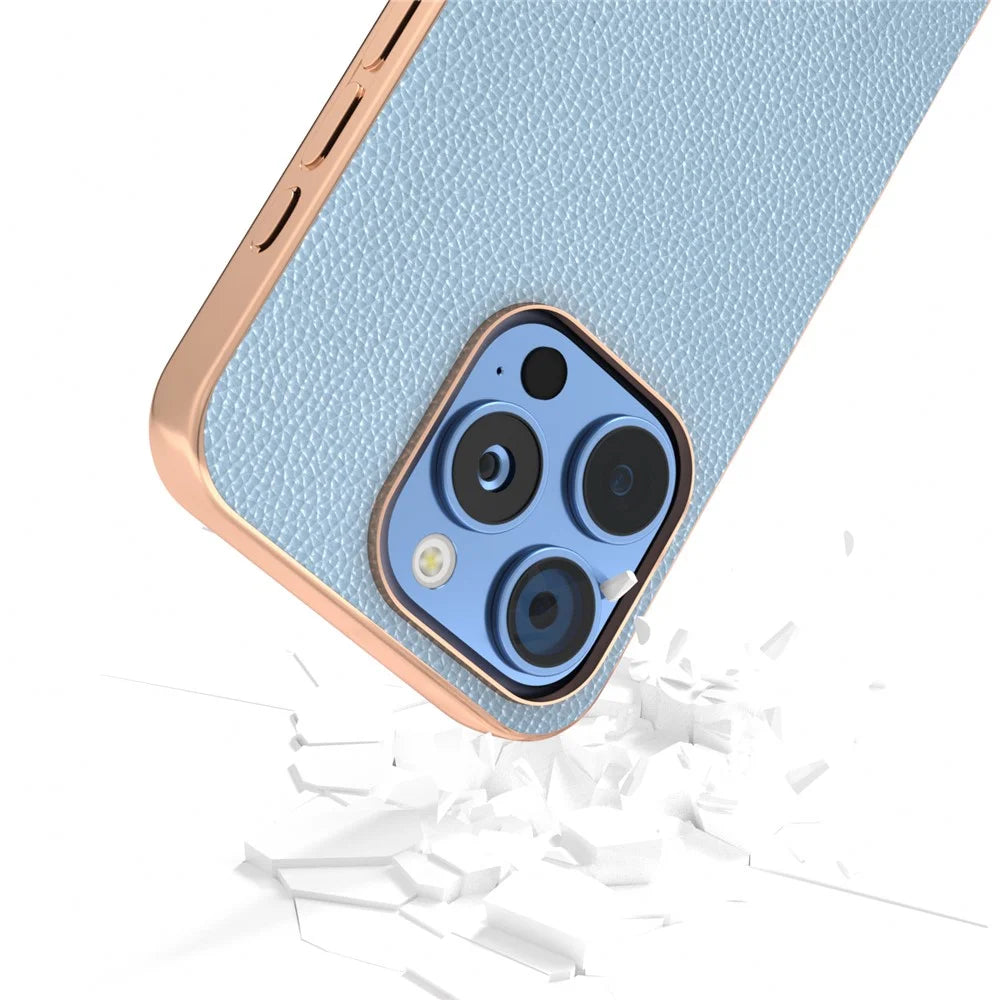 ABEEL For iPhone 16 Pro Case Genuine Cow Leather+PC+TPU Electroplating Phone Cover - Baby Blue - 3