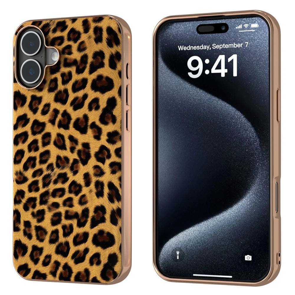 For iPhone 16 Plus Case Electroplating Leopard Pattern PU+TPU Phone Cover - Gold - 1