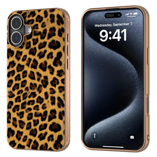 For iPhone 16 Plus Case Electroplating Leopard Pattern PU+TPU Phone Cover - Gold - 1