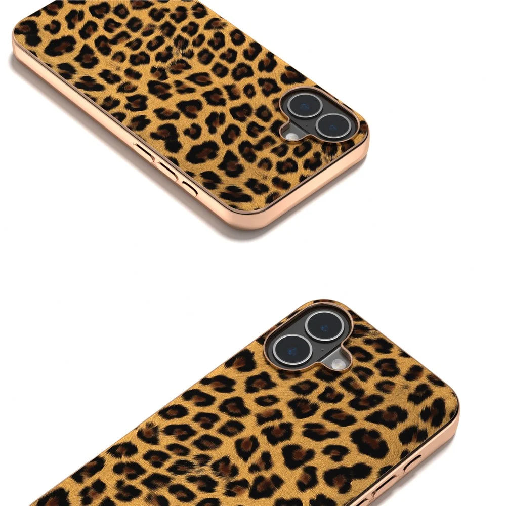 For iPhone 16 Plus Case Electroplating Leopard Pattern PU+TPU Phone Cover - Gold - 2