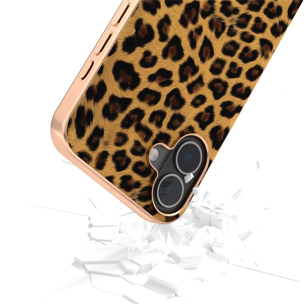 For iPhone 16 Plus Case Electroplating Leopard Pattern PU+TPU Phone Cover - Gold - 3