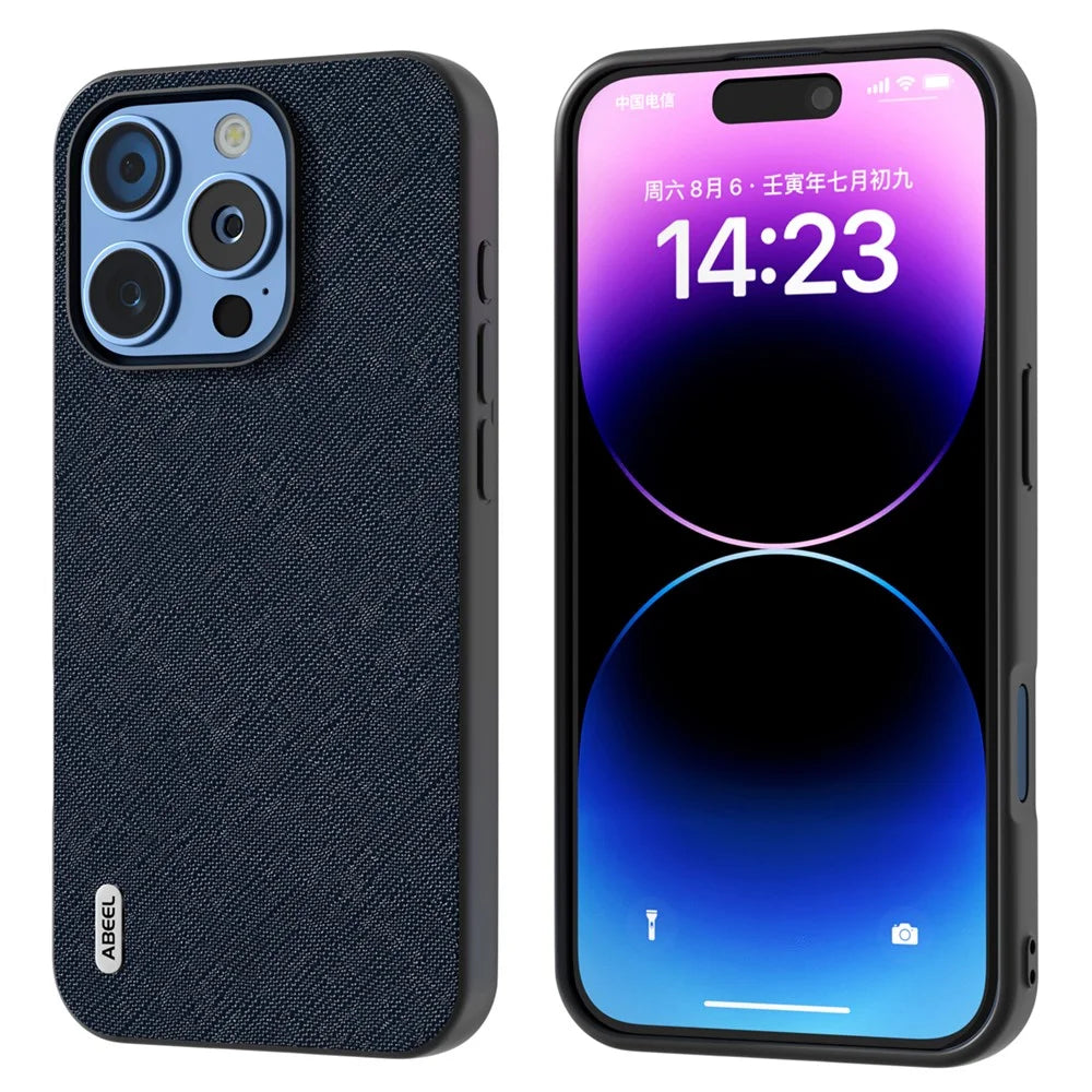 ABEEL For iPhone 16 Pro Max Case Cross Texture Genuine Cow Leather Hybrid Phone Case - Blue - 1