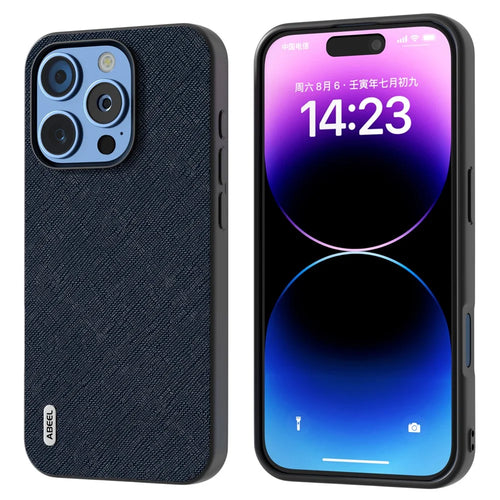 ABEEL For iPhone 16 Pro Max Case Cross Texture Genuine Cow Leather Hybrid Phone Case - Blue - 1