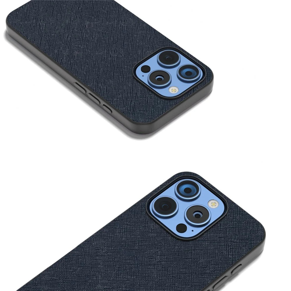 ABEEL For iPhone 16 Pro Max Case Cross Texture Genuine Cow Leather Hybrid Phone Case - Blue - 3