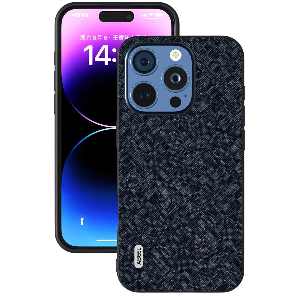 ABEEL For iPhone 16 Pro Case Cross Texture Genuine Cow Leather Hybrid Phone Case - Blue - 2