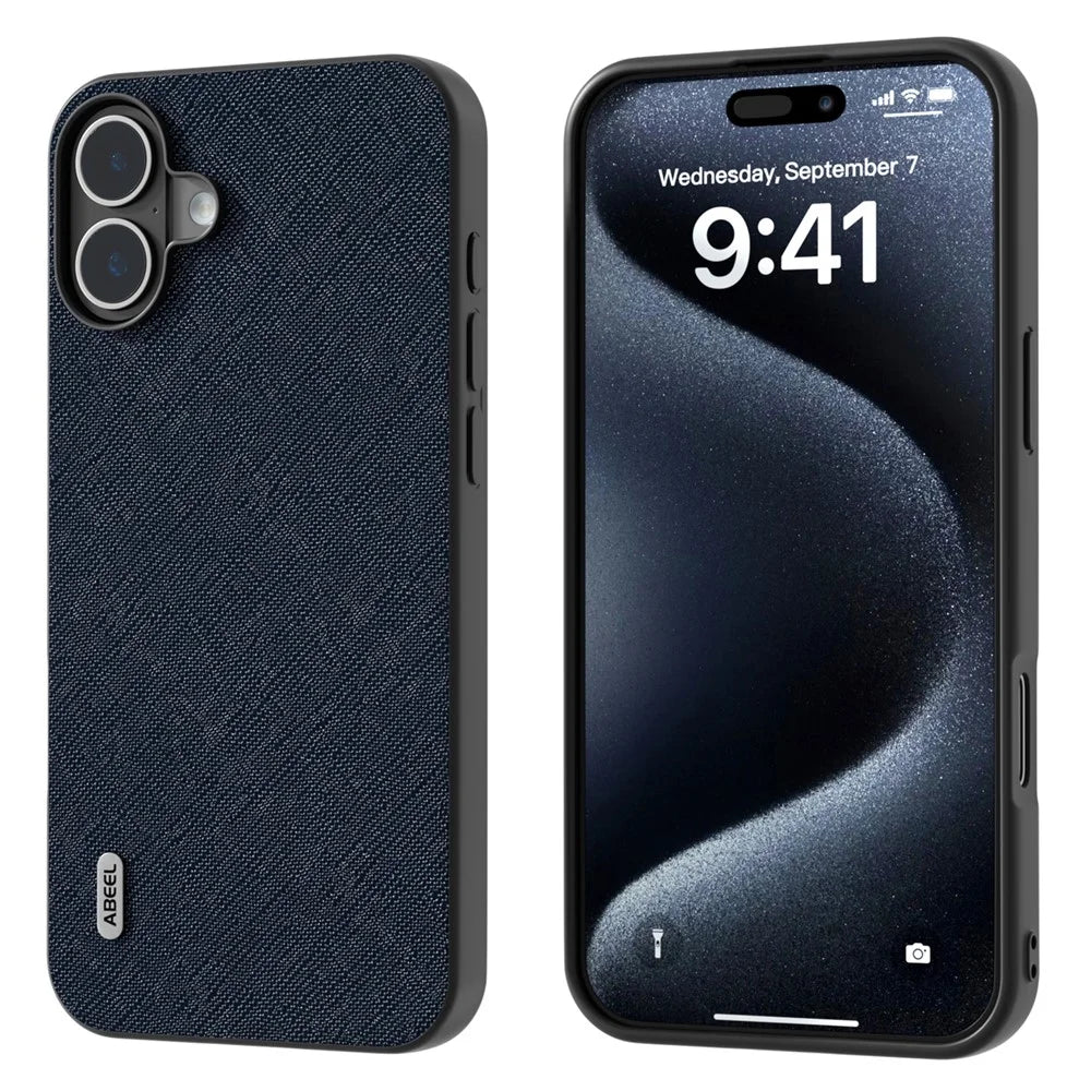 ABEEL For iPhone 16 Plus Case Cross Texture Genuine Cow Leather Hybrid Phone Case - Blue - 1
