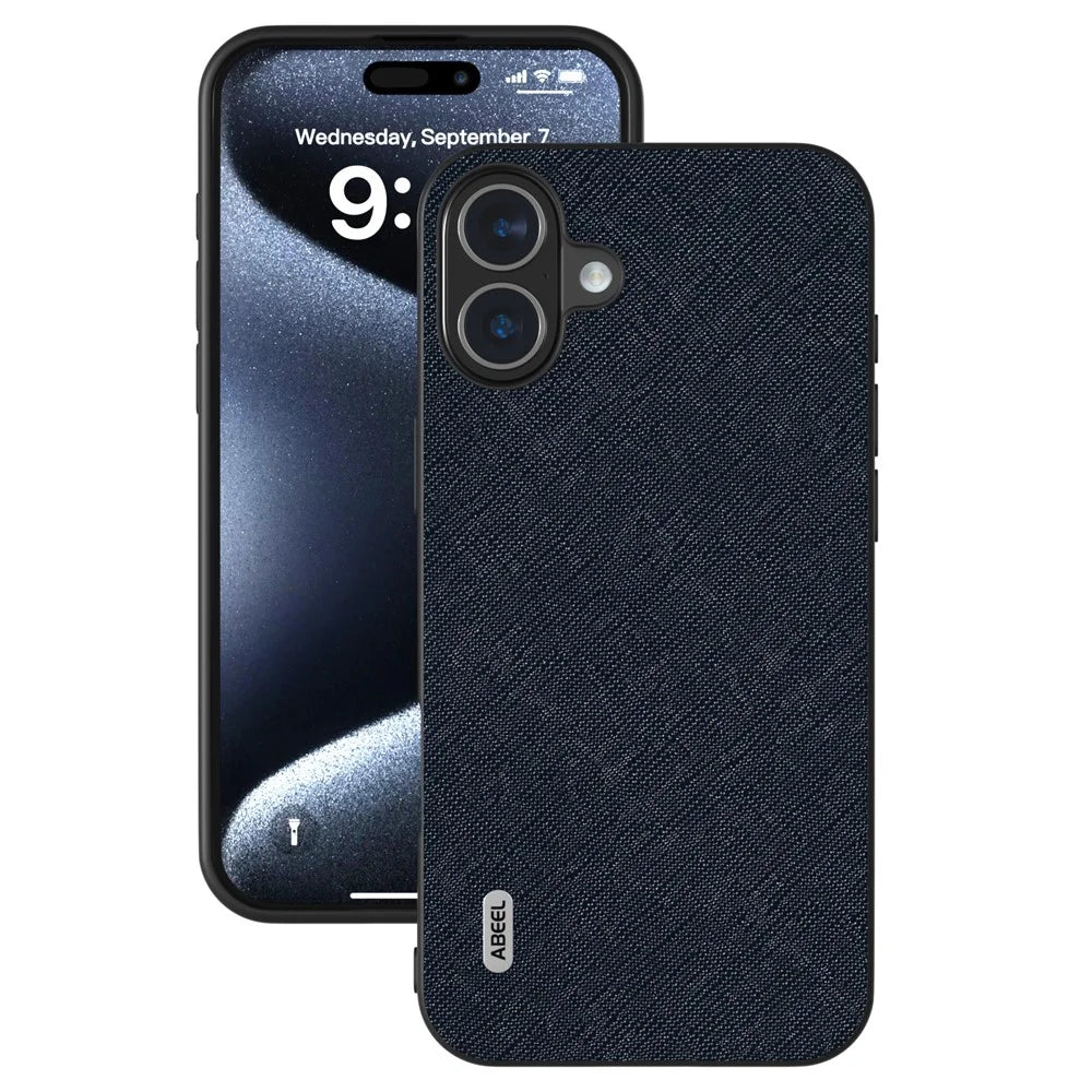 ABEEL For iPhone 16 Plus Case Cross Texture Genuine Cow Leather Hybrid Phone Case - Blue - 2