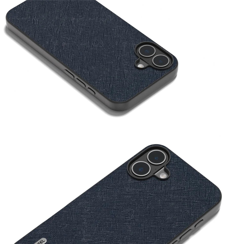 ABEEL For iPhone 16 Plus Case Cross Texture Genuine Cow Leather Hybrid Phone Case - Blue - 3