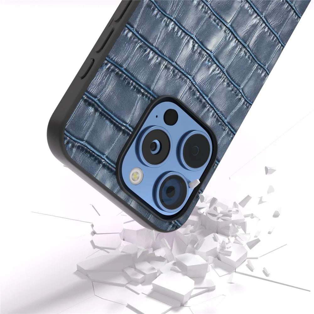 ABEEL For iPhone 16 Pro Max Cases Genuine Cow Leather+PC+TPU Drop-Proof Cell Phone Cover - Blue - 4