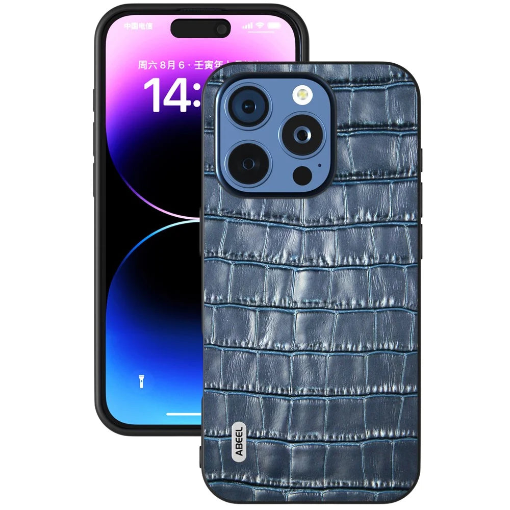 ABEEL For iPhone 16 Pro Cases Genuine Cow Leather+PC+TPU Drop-Proof Cell Phone Cover - Blue - 2
