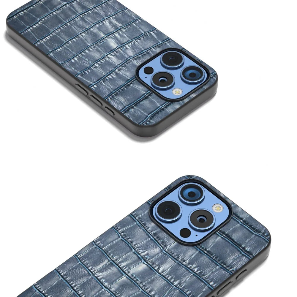 ABEEL For iPhone 16 Pro Cases Genuine Cow Leather+PC+TPU Drop-Proof Cell Phone Cover - Blue - 3