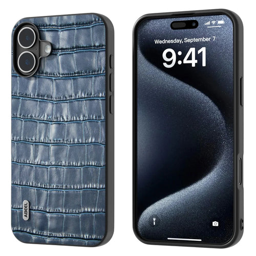 ABEEL For iPhone 16 Plus Cases Genuine Cow Leather+PC+TPU Drop-Proof Cell Phone Cover - Blue - 1