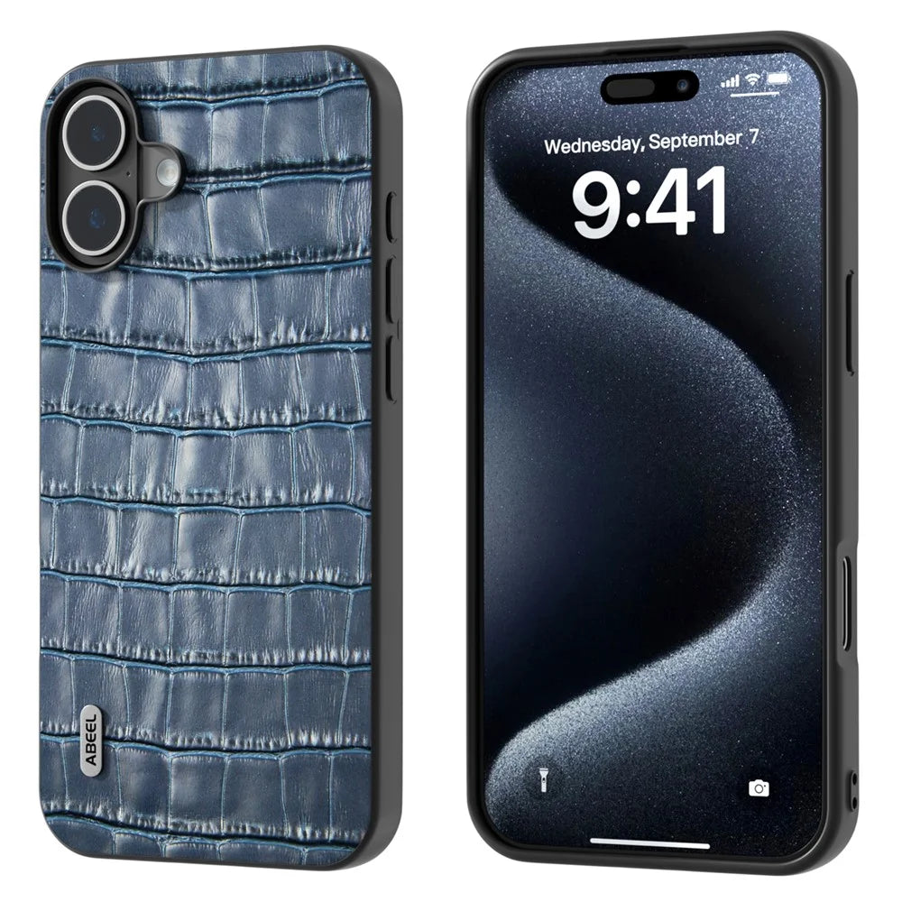 ABEEL For iPhone 16 Cases Genuine Cow Leather+PC+TPU Drop-Proof Cell Phone Cover - Blue - 1
