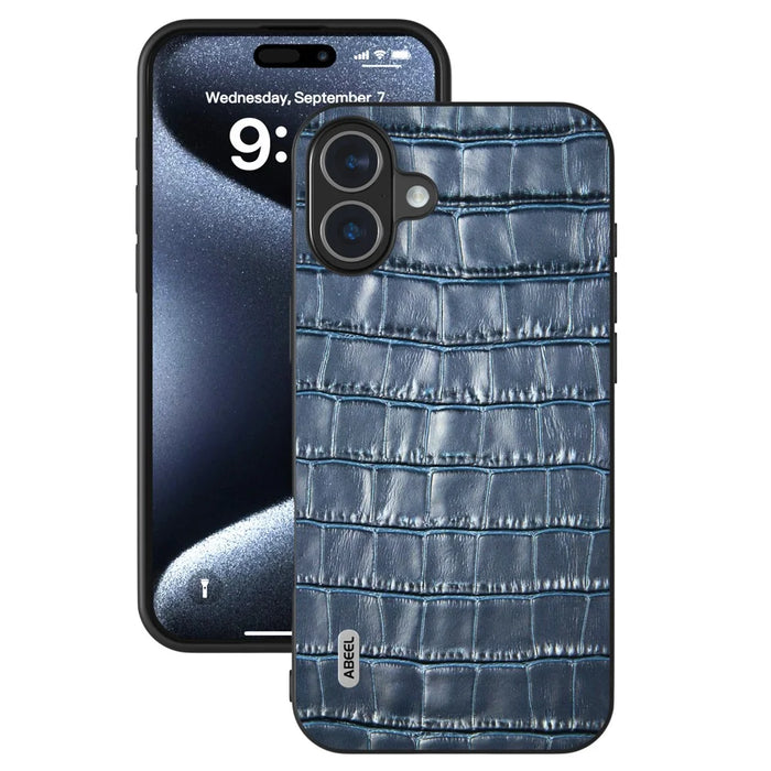 ABEEL For iPhone 16 Cases Genuine Cow Leather+PC+TPU Drop-Proof Cell Phone Cover - Blue - 2