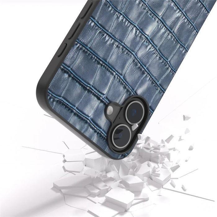 ABEEL For iPhone 16 Cases Genuine Cow Leather+PC+TPU Drop-Proof Cell Phone Cover - Blue - 4