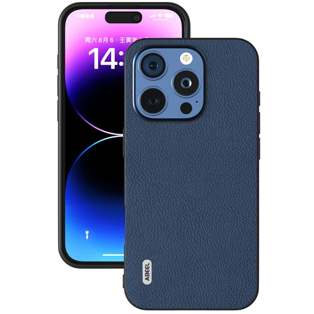 ABEEL For iPhone 16 Pro Cases Genuine Cow Leather+PC+TPU Phone Cover - Blue - 2