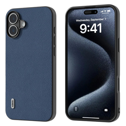 ABEEL For iPhone 16 Plus Cases Genuine Cow Leather+PC+TPU Phone Cover - Blue - 1